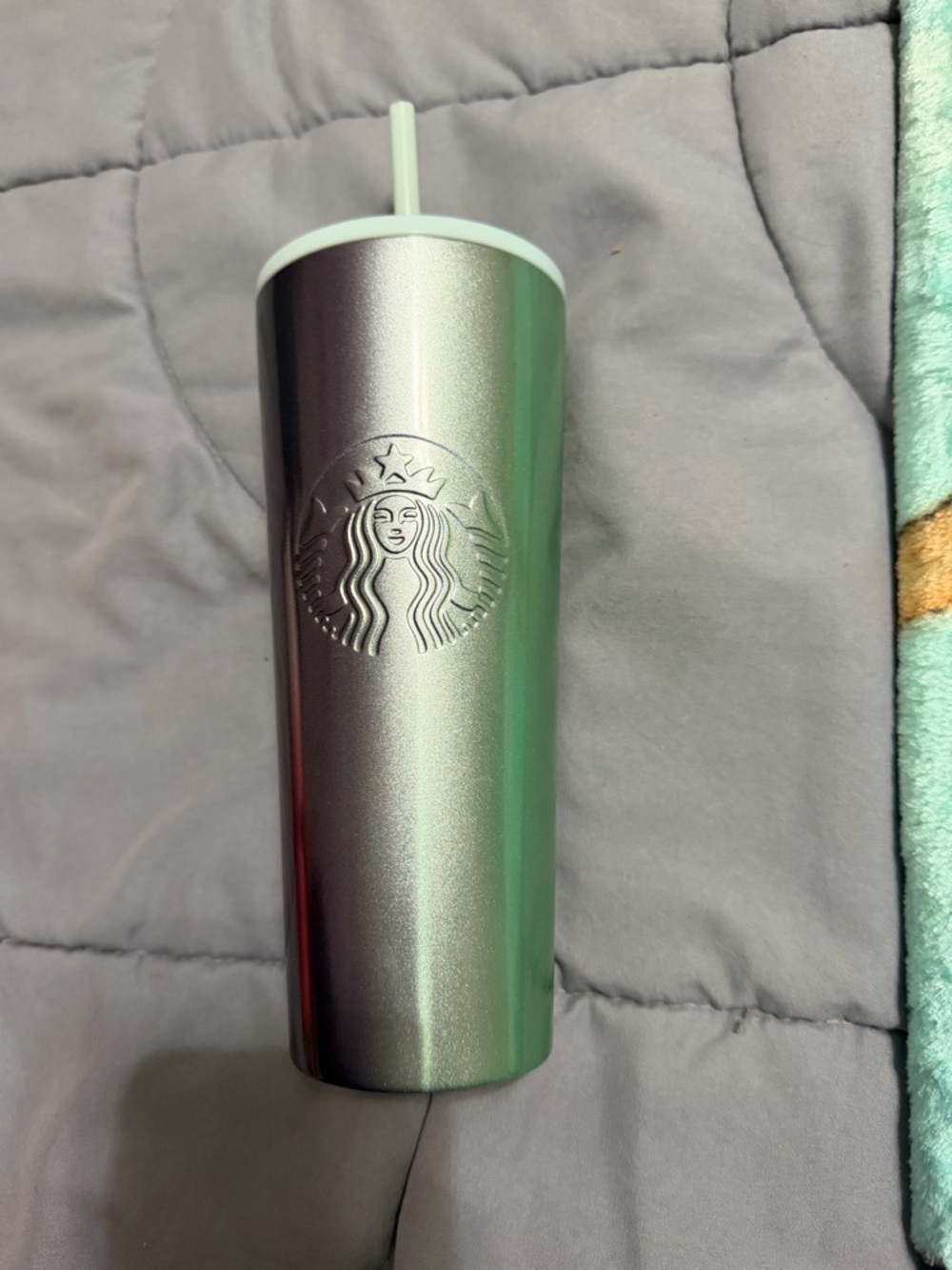 Starbucks Iridescent Metallic Green-Silver Tumbler with Straw